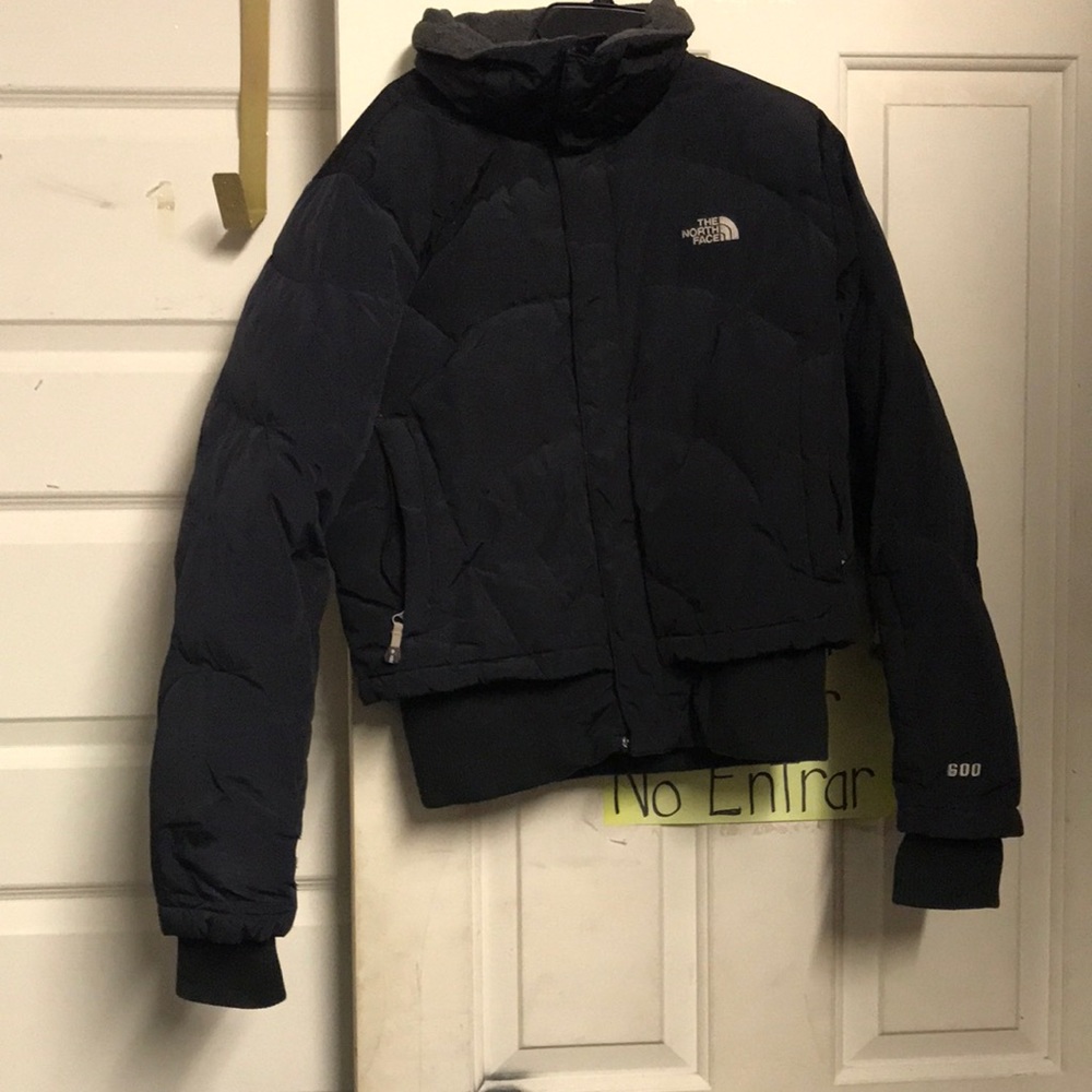 The North Face Silver and Black Puffer Jacket with High Collar